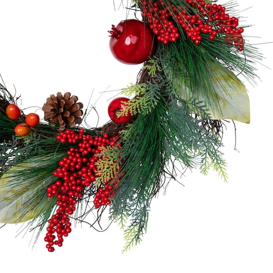 24" Unlit Autumn Harvest Mixed Pine, Berry & Nut Thanksgiving Fall Wreath